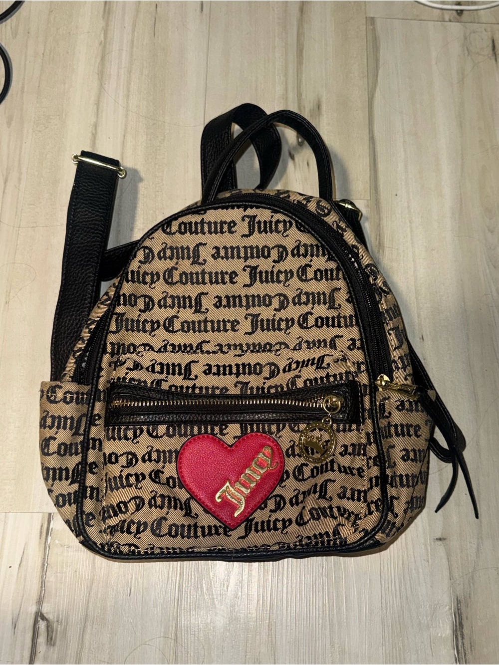 Juicy Couture Beige Logo Mini Backpack with Pink Heart Patch